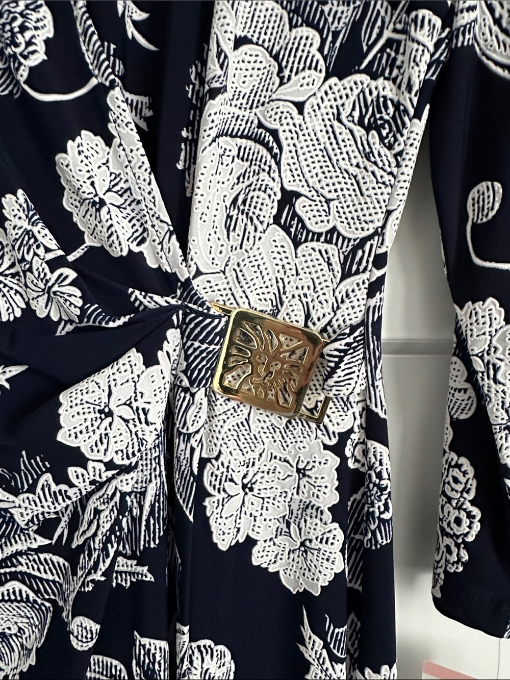 Ann Klein Navy & White Floral Faux Wrap Dress - Picture 3 of 6